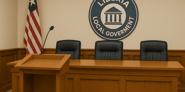 A government meeting room in Liberia featuring a wooden podium with a microphone, three empty black leather chairs behind a long wooden table, the Liberian flag in the corner, and a circular emblem on the wall reading "Liberia Local Government."