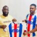 Mamadee Sheriff (left) receives the Nimba County football jersey from Alphanso Glaydor after being reappointed as head coach ahead of the 2025–26 County Sports Meet.