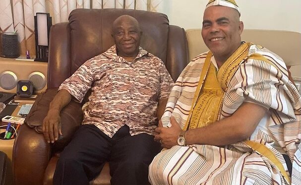 President Joseph Boakai seated with Liberian-born financial strategist Michael G. Müller during a private meeting, highlighting calls for his involvement in Liberia’s economic diplomacy.
