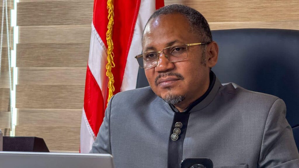 Liberian lawmaker Nehker Gaye speaking during a House of Representatives meeting with diplomats in Monrovia.