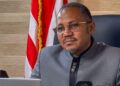 Liberian lawmaker Nehker Gaye speaking during a House of Representatives meeting with diplomats in Monrovia.