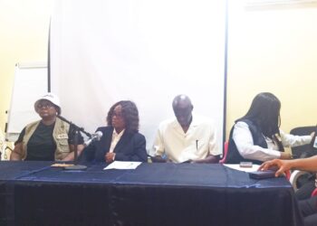 NEC Chairperson Davidetta Browne Lansanah addressing the press at the District 5 by-election results announcement in Sanniquillie.