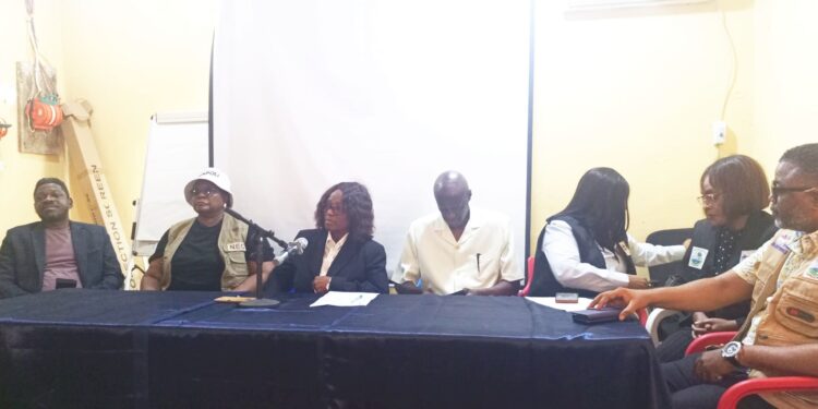 NEC Chairperson Davidetta Browne Lansanah addressing the press at the District 5 by-election results announcement in Sanniquillie.