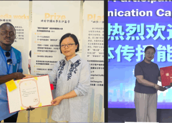 The Liberian Investigator journalists Blamo N. Toe and Nyantee S. Togba receive appointment certificates as overseas correspondents for Changsha Evening News in China.
