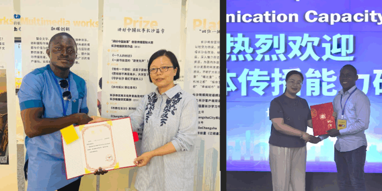 The Liberian Investigator journalists Blamo N. Toe and Nyantee S. Togba receive appointment certificates as overseas correspondents for Changsha Evening News in China.