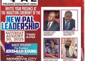 Poster announcing Publishers Association of Liberia new leadership induction with Alphonso Toweh as president and Vice President Jeremiah Koung as guest speaker.