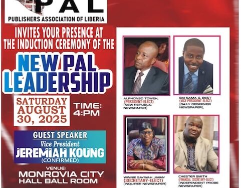 Poster announcing Publishers Association of Liberia new leadership induction with Alphonso Toweh as president and Vice President Jeremiah Koung as guest speaker.