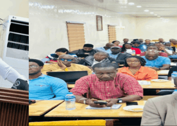 PPCC Executive Director Bodger Scott Johnson speaks at a training session as dozens of Liberian business owners attend an e-procurement awareness workshop in Monrovia.