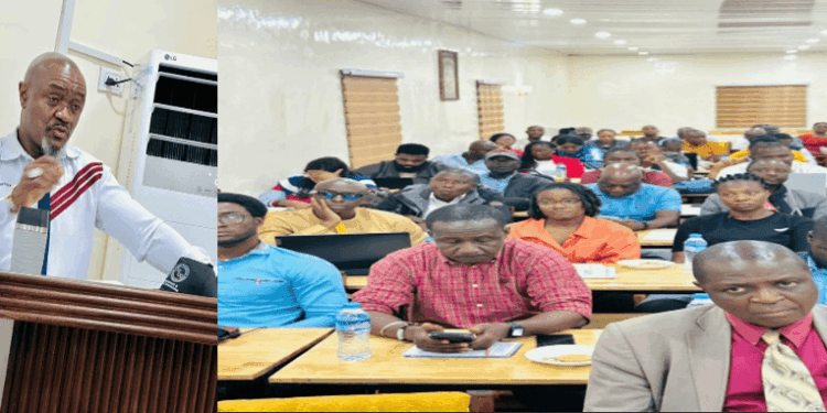 PPCC Executive Director Bodger Scott Johnson speaks at a training session as dozens of Liberian business owners attend an e-procurement awareness workshop in Monrovia.