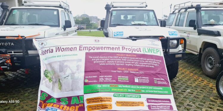 Toyota Land Cruiser vehicles and motorbikes donated by Plan International Liberia to support the Liberia Women Empowerment Project’s outreach in rural communities.