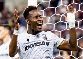 Liberian midfielder Sampson Dweh celebrates after providing an assist for Viktoria Plzen in a UEFA Champions League qualifying match.