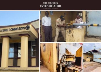 Sheriffs seal the NEC headquarters in Monrovia over unpaid $171K debt. Close-up of chained gate at the National Elections Commission headquarters. Court officers enforcing Commercial Court ruling at NEC compound. The NEC building in Monrovia locked after court order over unpaid vendor debt.