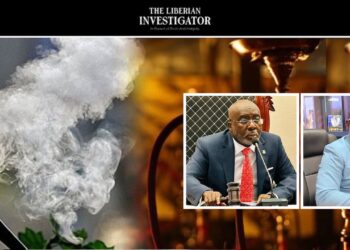 Liberia’s shisha ban debate: hookah smoke pictured alongside portraits of Fonati Koffa and Robert H. Pyne Jr., who raised concerns about black market risks and importers’ losses