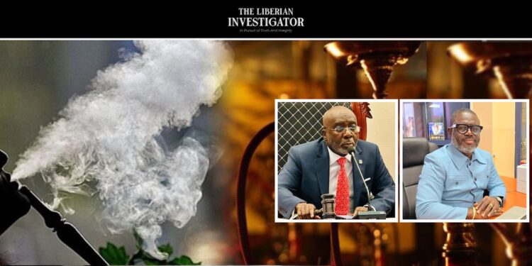 Liberia’s shisha ban debate: hookah smoke pictured alongside portraits of Fonati Koffa and Robert H. Pyne Jr., who raised concerns about black market risks and importers’ losses