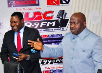 Unity Party Chairman Luther Tarpeh and CMC leader Musa Hassan Bility during a radio appearance in Monrovia, Liberia