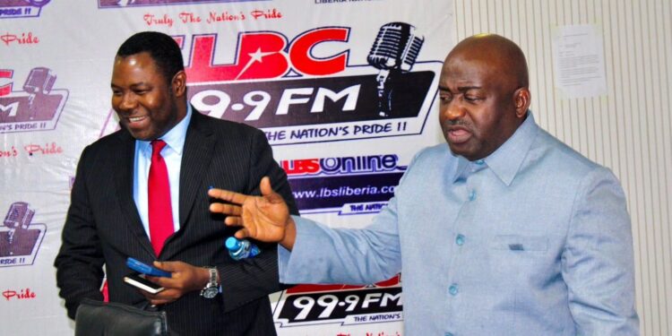 Unity Party Chairman Luther Tarpeh and CMC leader Musa Hassan Bility during a radio appearance in Monrovia, Liberia