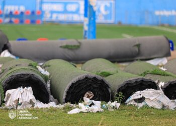 Rolled artificial turf handed over by LFA for installation at Grand Cape Mount County’s Momo Taweh Sports Pitch