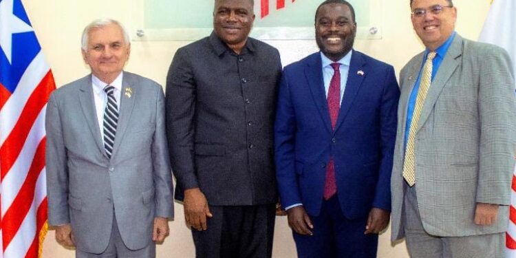 enator Jack Reed and Congressman Gabe Amo of Rhode Island with Vice President Jeremiah Koung and U.S. Embassy officials during Liberia visit