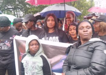 WONGOSOL Executive Director Esther Davis Yango and citizens protest at the Capitol, calling for stronger action against drug trafficking in Liberia.