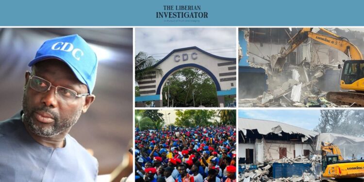 Former President George Weah addresses CDC supporters after headquarters demolition, blaming Boakai and urging restraint.