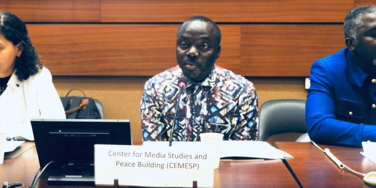 Liberian journalist Wremongar Joe speaks at UN UPR pre-sessions in Geneva on press freedom, digital rights, and transparency reforms.