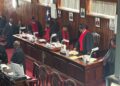 Liberia’s Supreme Court Justices preside during the retirement ceremony of Chief Justice Sie-A-Nyene Yuoh at the Temple of Justice in Monrovia.