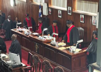 Liberia’s Supreme Court Justices preside during the retirement ceremony of Chief Justice Sie-A-Nyene Yuoh at the Temple of Justice in Monrovia.