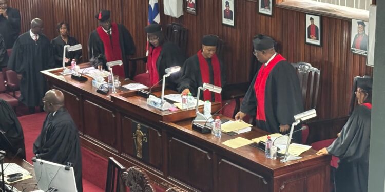 Liberia’s Supreme Court Justices preside during the retirement ceremony of Chief Justice Sie-A-Nyene Yuoh at the Temple of Justice in Monrovia.