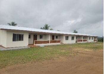 Renovated AFL barracks and nearby civilian homes in Kakata, Margibi County, at the center of a land reclamation dispute that has left dozens facing eviction.