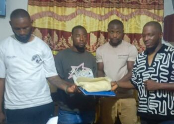 LDEA officers display confiscated Methcathinone after arresting four men at Bo Waterside in Liberia.