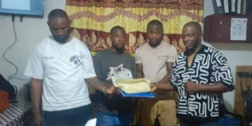 LDEA officers display confiscated Methcathinone after arresting four men at Bo Waterside in Liberia.