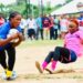 Liberian female kickball players in action during an exhibition match as Sierra Leone endorses the sport.