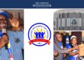 A composite image of Musa Bility receiving the Wooden carved Liberia map, CMC logo and the Capitol Building