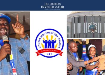 A composite image of Musa Bility receiving the Wooden carved Liberia map, CMC logo and the Capitol Building