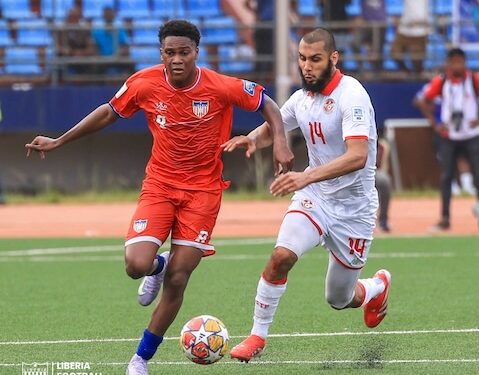 Liberia and Tunisia players contest the ball during a 2026 World Cup qualifier in Monastir