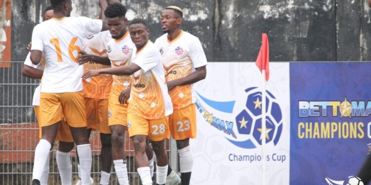 Heaven XI players celebrate after securing a place in the Bettomax Champions Cup final against Bea Mountain