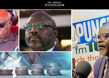 Collage featuring Joseph Boakai, George Weah, and Abraham Darius Dillon alongside economic graphics representing Liberia’s fiscal crisis