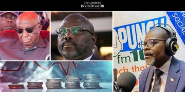Collage featuring Joseph Boakai, George Weah, and Abraham Darius Dillon alongside economic graphics representing Liberia’s fiscal crisis