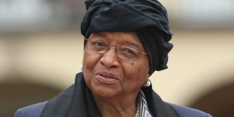 Former Liberian President Ellen Johnson Sirleaf speaking in traditional attire