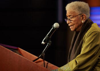 Former Liberian President Ellen Johnson Sirleaf speaks at a podium