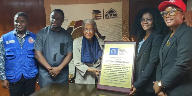 Former Liberian President Ellen Johnson Sirleaf receives the YPLS Africa Honorary Leadership Award in Monrovia for her legacy of democracy and women’s empowerment