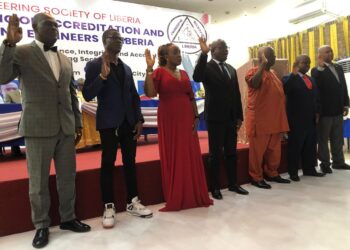 Members of the Engineering Society of Liberia Accreditation and Licensing Board take oath during the induction ceremony at Monrovia City Hall.