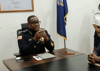 Liberia’s Police Inspector General Gregory Coleman speaks at a press briefing in Monrovia on the alleged rape case involving Deputy Youth Minister Bryant McGill