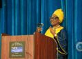 Liberia’s First Lady Kartumu Yarta Boakai delivering a speech at the TUFH 2025 Global Health Conference in Pennsylvania, calling for global support to strengthen Liberia’s healthcare system.