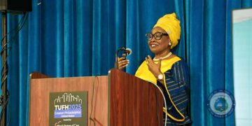 Liberia’s First Lady Kartumu Yarta Boakai delivering a speech at the TUFH 2025 Global Health Conference in Pennsylvania, calling for global support to strengthen Liberia’s healthcare system.