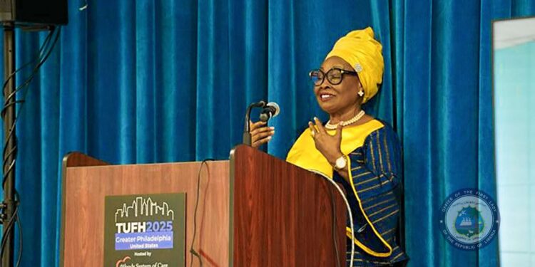 Liberia’s First Lady Kartumu Yarta Boakai delivering a speech at the TUFH 2025 Global Health Conference in Pennsylvania, calling for global support to strengthen Liberia’s healthcare system.