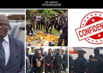 Liberia’s new LDEA interim chief Fitzgerald Biago, drug enforcement officers, and a confidential stamp symbolizing forced silence