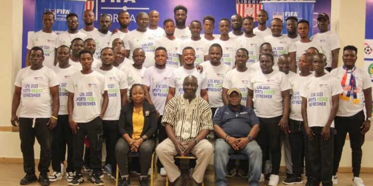 Group photo of participants at the Liberia Football Association Sports Medics Workshop in Monrovia, Liberia, focused on player safety and injury prevention