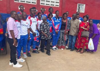 Liberia U-16 basketball team poses with supporters before departing for the 2025 FIBA Afrobasket Youth Championship in Kigali, Rwanda.