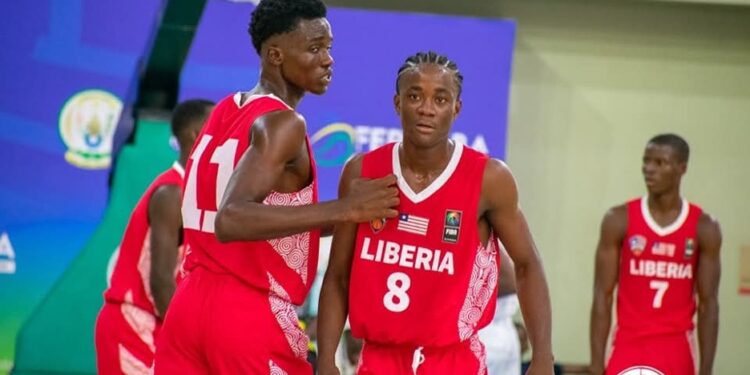 Liberia U-16 basketball players in red jerseys compete at the 2025 Afrobasket Youth Championship in Kigali, Rwanda
